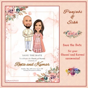 Cartões personalizados para salvar a data para cerimônias em Punjabi e Sikh - Desenhos animados de casais e caricaturas de casais personalizados para seu casamento em Punjabi