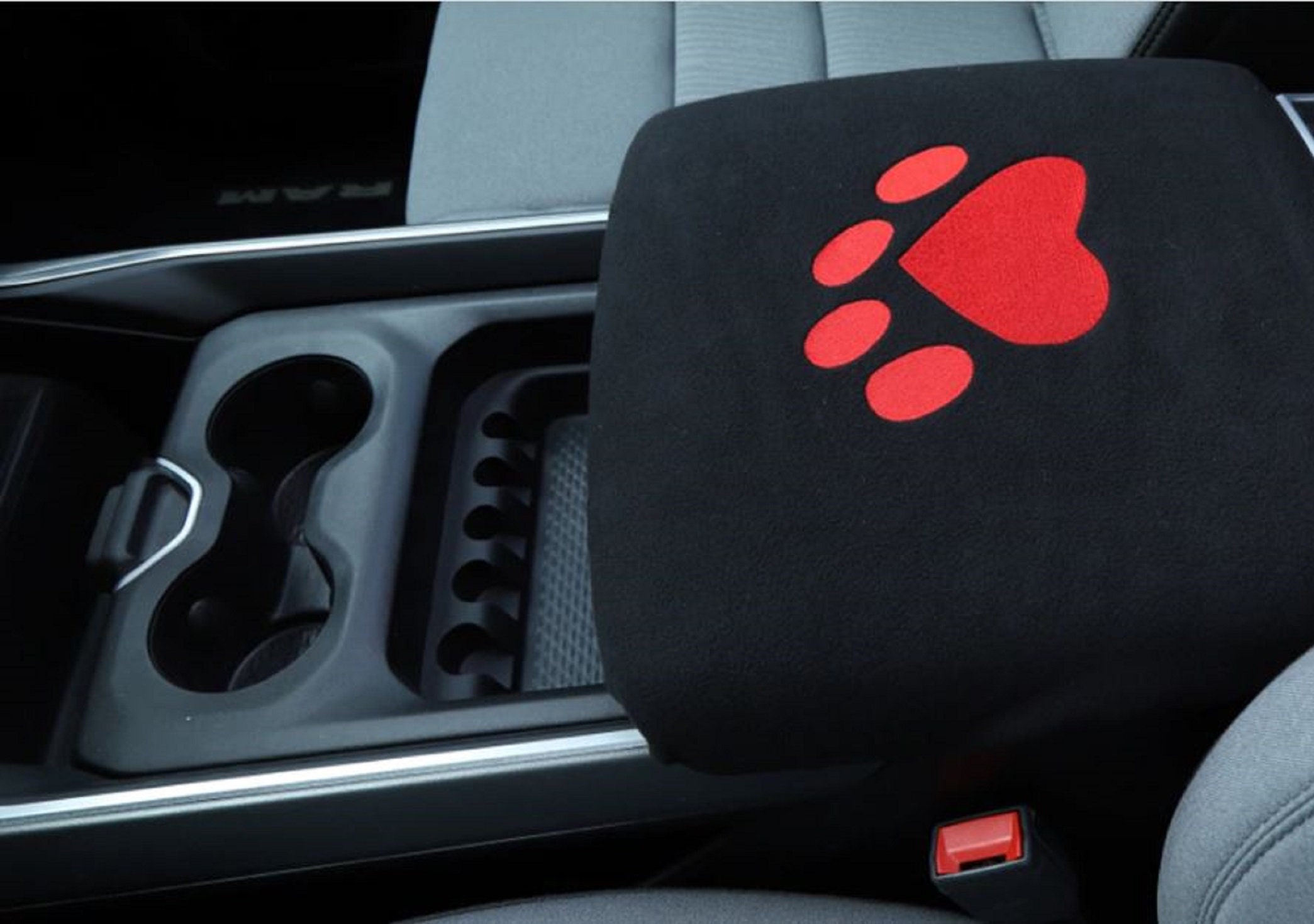 For All Ram Trucks 2014-2023 Fleece Embroidered BIG RED Paw Truck Armrest  Console Cover Will Protect Red Logo 