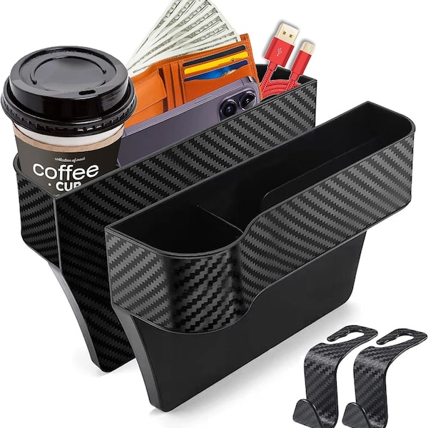 Seat Gap Filler Organizer and Storage Box, Between Front seat Premium PU Leather with seat Gap Organizer for 2 Sides + 2 Seat Hooks