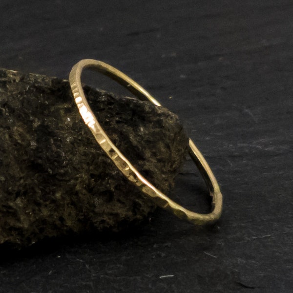 Thin solid yellow gold ring, 1mm wide, hammered, stacking ring, engagement ring