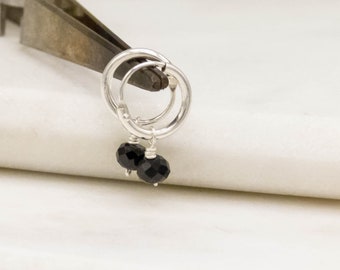 Mini hoop earrings, spinel, silver, sterling silver, earrings, black spinel