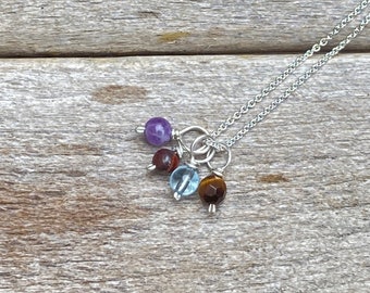 Silver chain, necklace with pendant, garnet, lapis, topaz, spinel, turquoise, tiger eye, amethyst, precious stones