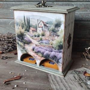 Scatola per bustine di tè in stile provenzale - Scatola per il tè artigianale - Scatola per il tè grande fatta a mano con lavanda - Scatola per conservare le bustine di tè - Scatola per il tè in legno