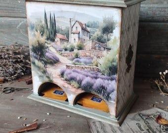 Tea bag house t in Provence style- Handcrafted Tea Box - handmade large tea box with lavender- teabag storage box-Wooden Tea Box
