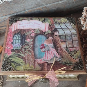 Vintage Erinnerungsbox aus Holz mit Märchenmädchen-Illustration, Andenken-Aufbewahrungstruhe für Schmuck, Schmuckstücke oder Fotos, Geschenk für Tochter