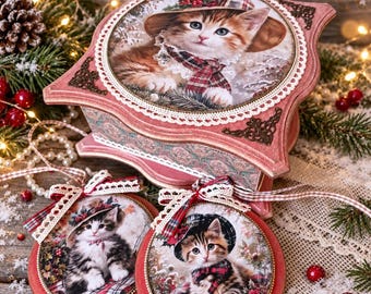 Wooden Keepsake Box with Kitten Ornaments, Victorian Christmas Gift box