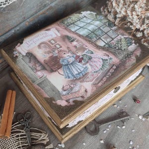 Vintage Schmuckschatulle aus Holz mit Märchenillustration, Dekorative Andenken-Aufbewahrungstruhe, Shabby Chic Geschenk für sie, Romantisches rustikales Dekor