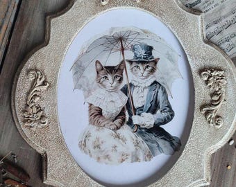 Arte de pared de pareja de gatos steampunk, panel decorativo de animales de estilo vintage, regalo para amantes de los gatos, imagen caprichosa de gato para el interior del hogar.