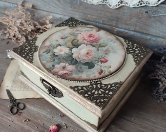 Keepsake box, vintage Rose Jewelry Box – Floral Jewelry Storage Keepsake Gift for Her, Shabby Chic Wooden Decor