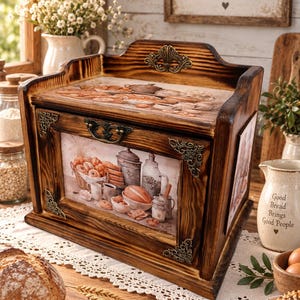 May include: A dark stained wooden bread box with a drop-down front door featuring a printed image of assorted baked goods and kitchen canisters. The box is accented with ornate metal corner brackets and a central handle on the front panel.