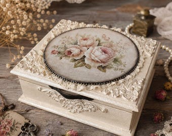 Handcrafted Rose Decoupage Jewelry Box, Victorian Shabby Chic Keepsake Storage