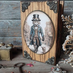 Holzbox in Buchform mit Katze - Schmuckschatulle handgefertigt, handgefertigter Schmuck-Organizer aus Holz, Tarot-Box