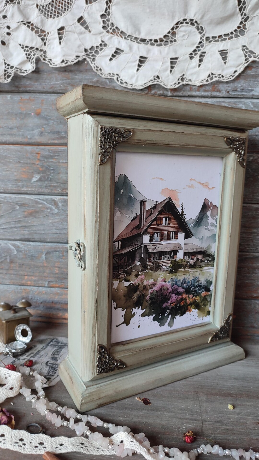 Wooden Key Holder Cabinet, Wall Mounted Key Box, Rustic Chalet Design ...