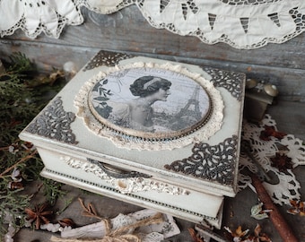 Keepsake box parisian vintage jewelry box romantic memory box shabby chic decorative wooden storage gift for her sentimental keepsake