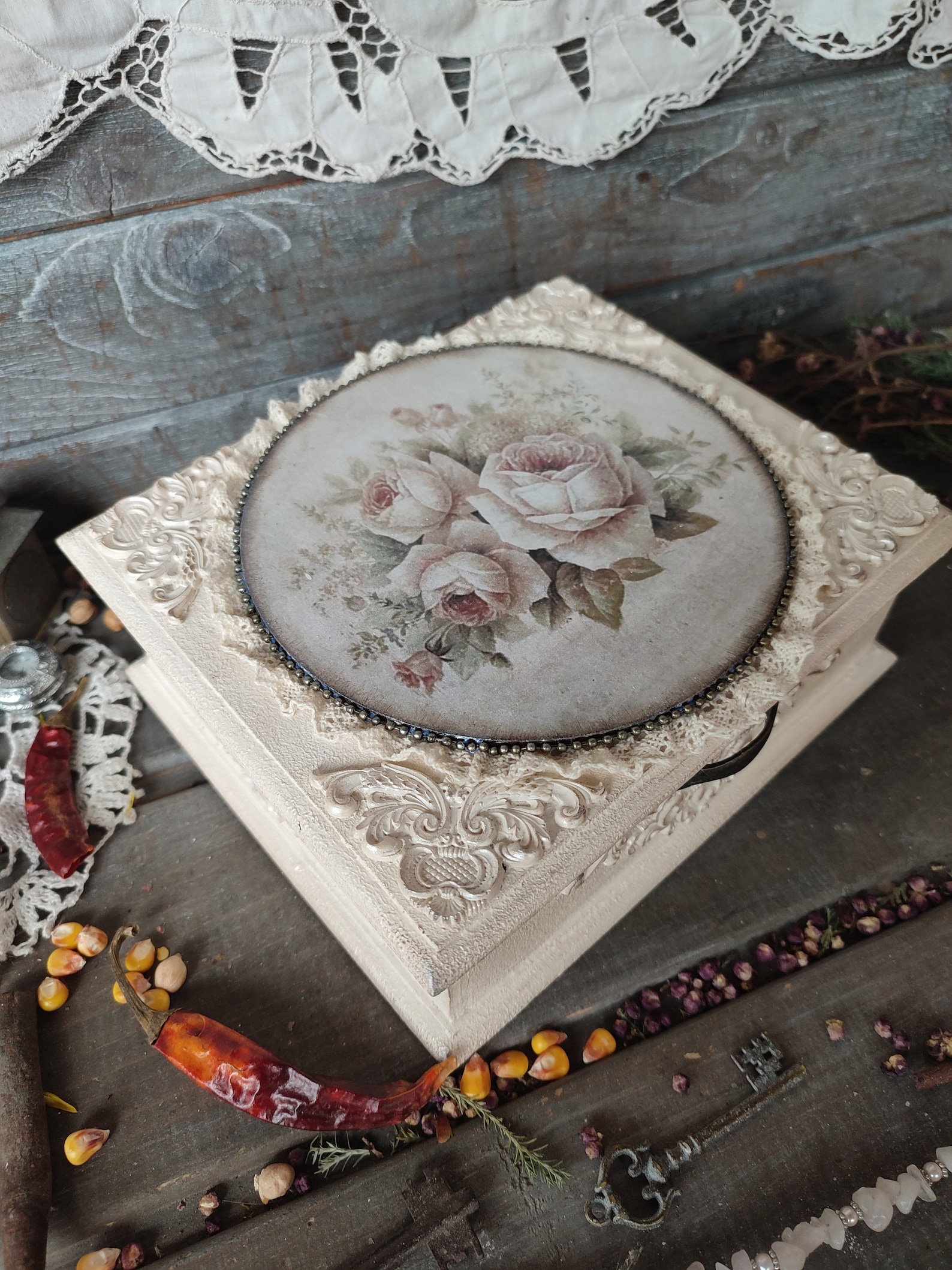 Handcrafted Decoupage Decorated Vintage Box, Decoupage Wood Boxes With ...