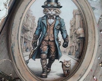 Arte de pared de gato steampunk, plato decorativo de estilo vintage, gato antropomórfico con sombrero, regalo original para amantes de los gatos, decoración del hogar