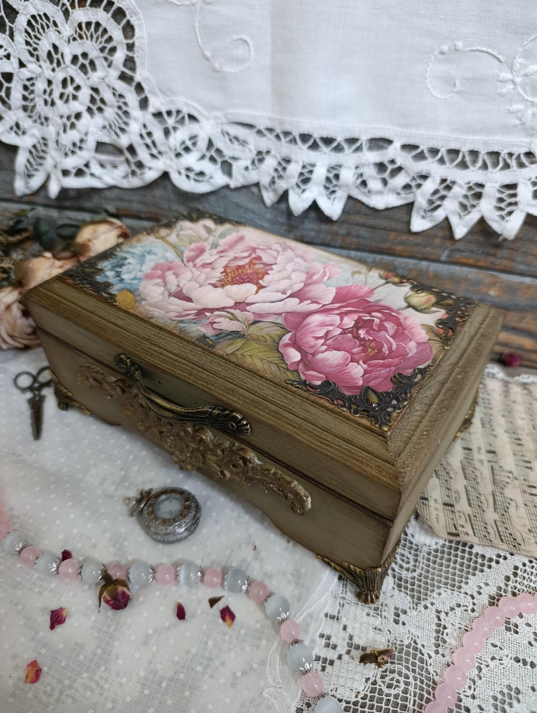 Keepsake Box Vintage Jewelry Box Rustic Wooden Memory Box Floral ...