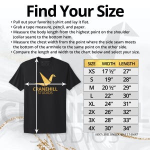 May include: Black t-shirt with a gold origami crane and the text "Cranehill Studios". A size chart shows the width and length of the shirt in inches for sizes XS to 4X.
