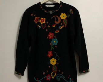 Vintage retro 90s black bright colourful rainbow knit embroidered floral leaf patterned wool blend cottagecore jumper size 8 10 12
