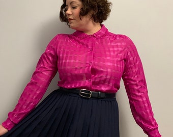 Vintage 80s 1980s bright hot pink checked blouse patterned C&A ruffle frilly Peter Pan collar long sleeved pretty feminine shirt size 8 10