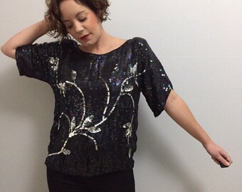 Vintage Black Silver Sequin Art Deco Beaded Evening Party Christmas Top UK 8 10 12