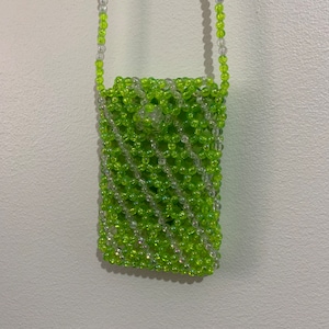 Retro funky 90s 00s bright green clear beaded handmade unique overbody  bag iPhone case jewellery necklace purse holder Ibiza festival vibes