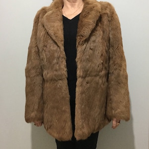 True vintage fur coat light brown ginger tan chestnut genuine real rabbit 80s size 12 M