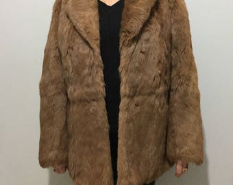 True vintage fur coat light brown ginger tan chestnut genuine real rabbit 80s size 12 M
