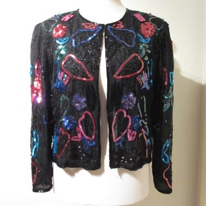 Vintage Black Art Deco Silk Sequin Beaded patterned bright multi coloured Evening sparkly glam Jacket Top Christmas Party XL UK 14 16