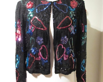 Vintage Black Art Deco Silk Sequin Beaded patterned bright multi coloured Evening sparkly glam Jacket Top Christmas Party XL UK 14 16