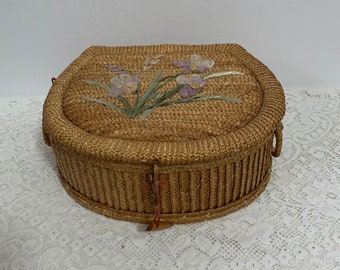 Vintage 60s 70s artisan handmade wicker paper straw woven basket sewing storage box craft wooden container pastel embroidered flowers leaves