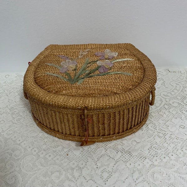 Vintage 60s 70s artisan handmade wicker paper straw woven basket sewing storage box craft wooden container pastel embroidered flowers leaves