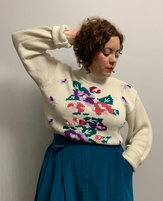 Vintage 80s Floral Bright Pastel Hand Knitted Rose Embroidered  