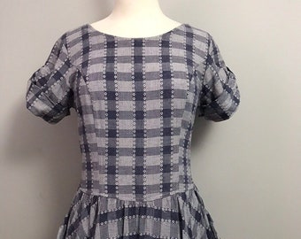 True Vintage 50s checked dress original 1950s cotton gingham check blue white midi summer picnic cottagecore fit and flare size 8