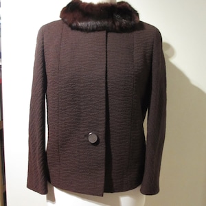 True Vintage 60s Ladies Brown Wool Mink Fur collar Jacket Coat size UK 12 Medium