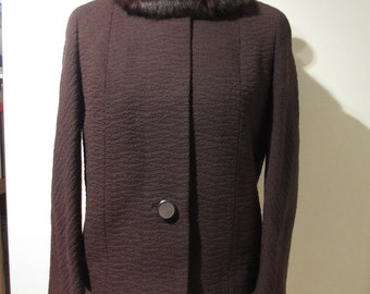 True Vintage 60s Ladies Brown Wool Mink Fur collar Jacket Coat size UK 12 Medium