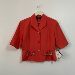 Vintage deadstock 80s does 40s bright coral red short sleeved blazer floral patterned bow pockets embroidered smart formal jacket size 10 12 image 1