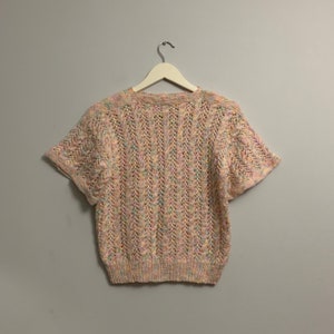 Vintage handmade kawaii hand knitted pastel rainbow multi coloured short sleeved jumper cable knit soft chunky top size XS 6 8 10