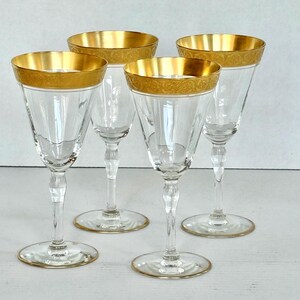 Juego de 4 copas de vino estilo Hollywood Regency de Tiffin Franciscan Rambler con incrustaciones de oro rosa, estilo vintage. Artículos de bar de mediados de siglo. Cristalería elegante.