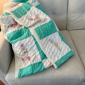 Vintage Hand Quilted Embroidered Quilt 104x84 Aqua White Peacock Birds Floral Folk Art