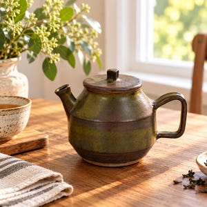 May include: A ceramic teapot featuring a dark brown and olive green glaze with a horizontal banded pattern. The teapot has a flat lid with a small square knob, a short spout, and a rectangular handle, showcasing a smooth, earthy finish.