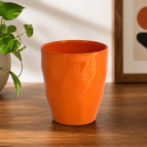May include: A vibrant orange ceramic planter with a smooth, glossy finish and a slightly irregular, organic cylindrical shape. The vessel features a wide, open top and a tapered base, showcasing a solid, bright color throughout its exterior surface.
