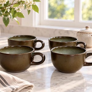 Heath Ceramics Coupe-koppar, set om 4 | #105 Vintage California Studio Pottery | Kaffekoppar i brunt och grönt stengods