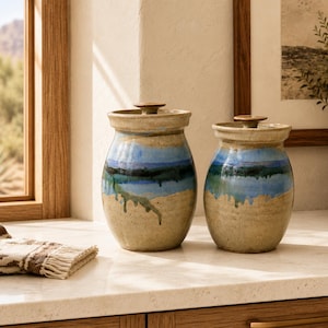 Hand Thrown Studio Pottery Canister with Lid | Landscape Glaze Stoneware Jar | Impressed Potter’s Mark | Choose 9.5” or 10.5”