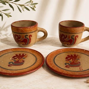 Vintage Handmade Folk Art Pottery Set – 2 Decorative Plates & 2 Cups – Incised Pre-Columbian Style Bird Motif