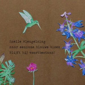 Kolibrie haiku : kunstkaart A6 met een natuurillustratie. bloemen vogel postkaart, lino druk, natuurkaart, botanische illustratie, art print