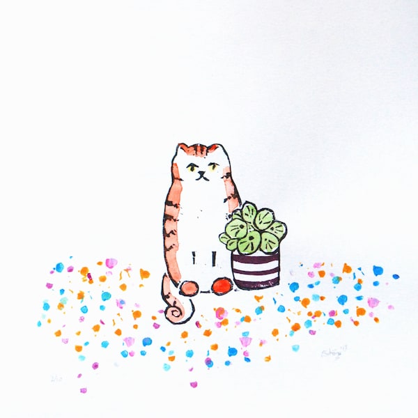 Red cat with pancake plant, original illustration. Linocut and watercolor. Cat illustration, pilea / Chinese money plant