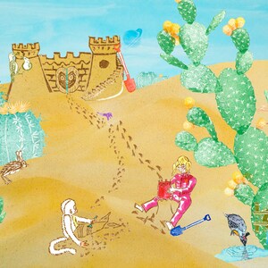 Jugando en la tarjeta de arte del desierto A6.  ilustración de los niños niña y mono, postal, mini cartel, impresión de arte, cactus, mapa de ilustración del desierto