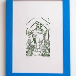 Inside the Greenhouse. original lino print.  garden image 7