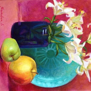 Kitchen fruit oil painting  Lilies and apples
